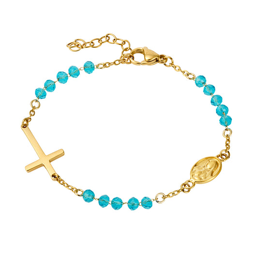 Bead Bracelet with Mother Mary & Cross - Light Blue
