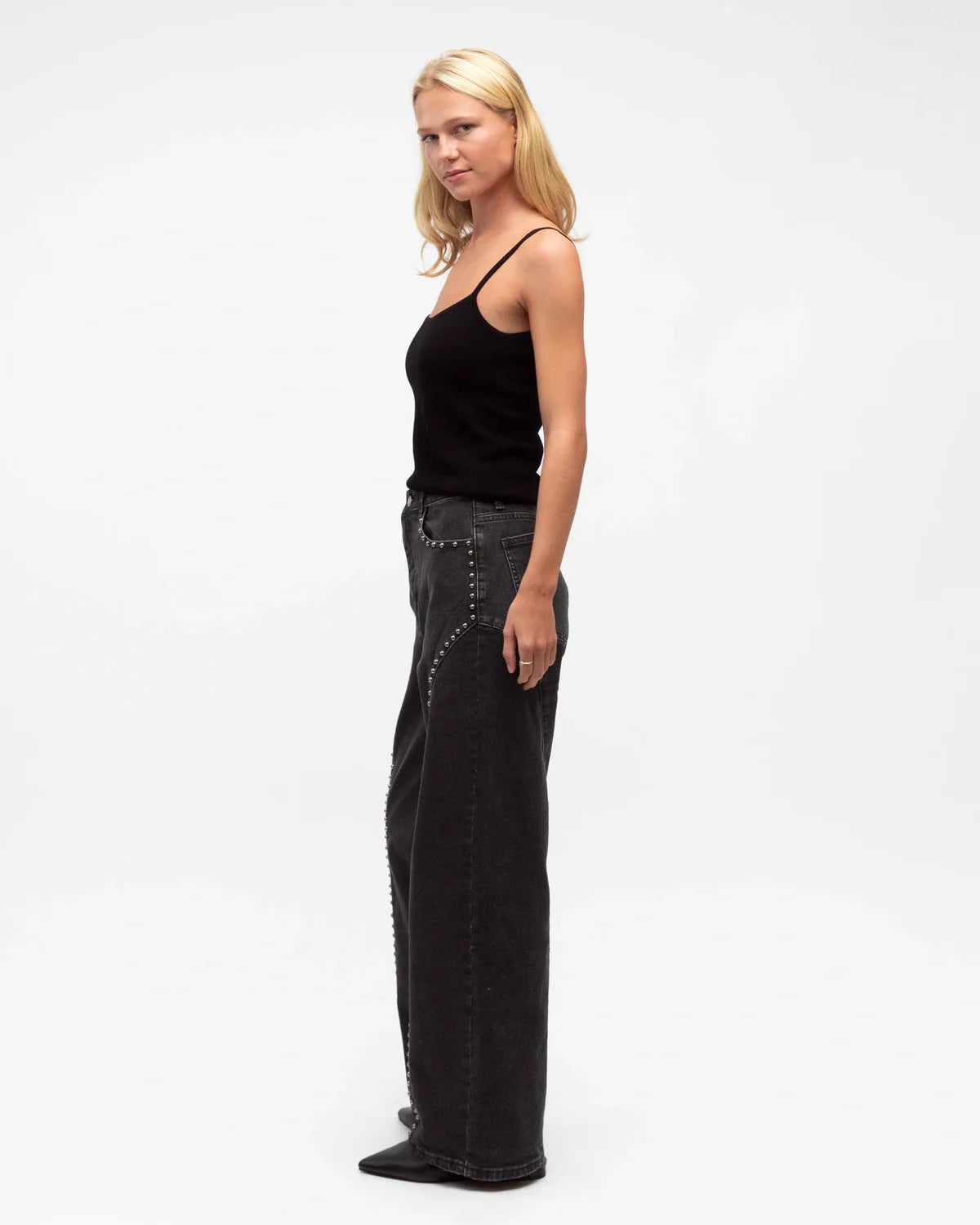 Contrasting Stud Denim Pants Charcoal